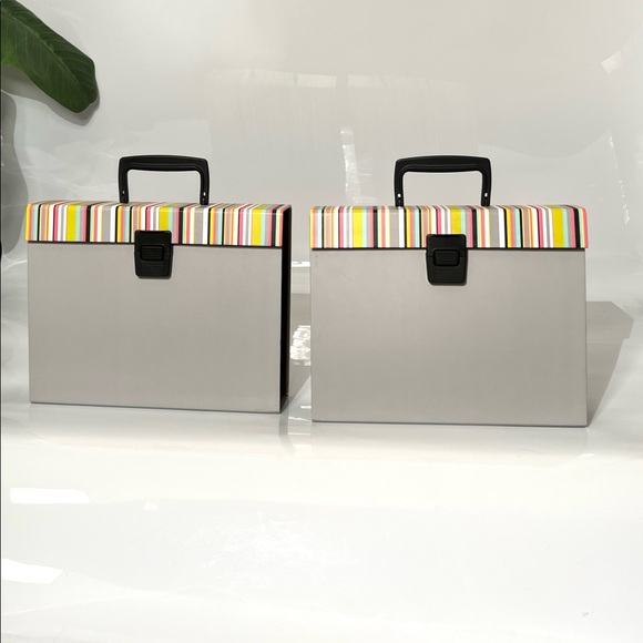 2 Expanding Accordion File Boxes with Latch and Handle Gray/ Muti color stripes - Picture 5 of 14